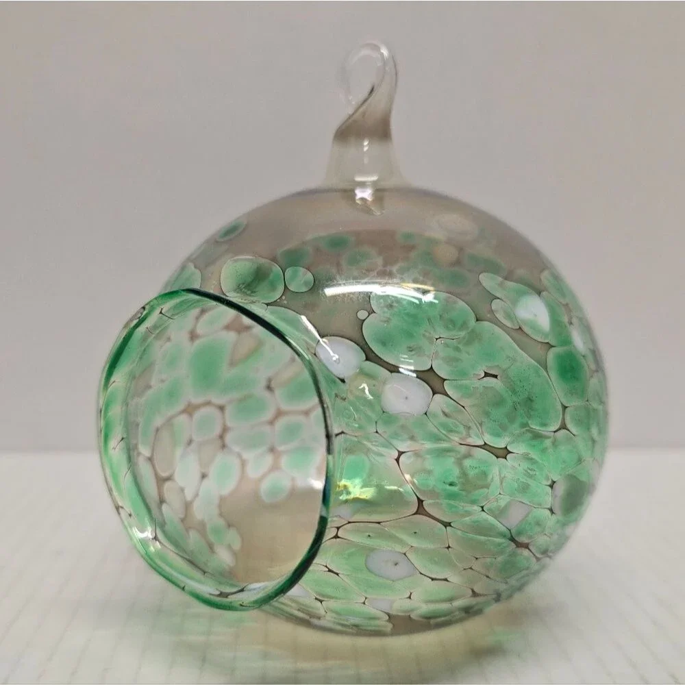 Hand-blown Fused Glass Tea Light Hanging Candle Holder Green/White